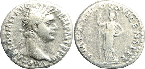 Ancient Roman silver coin of the Emperor Domitian with Minerva